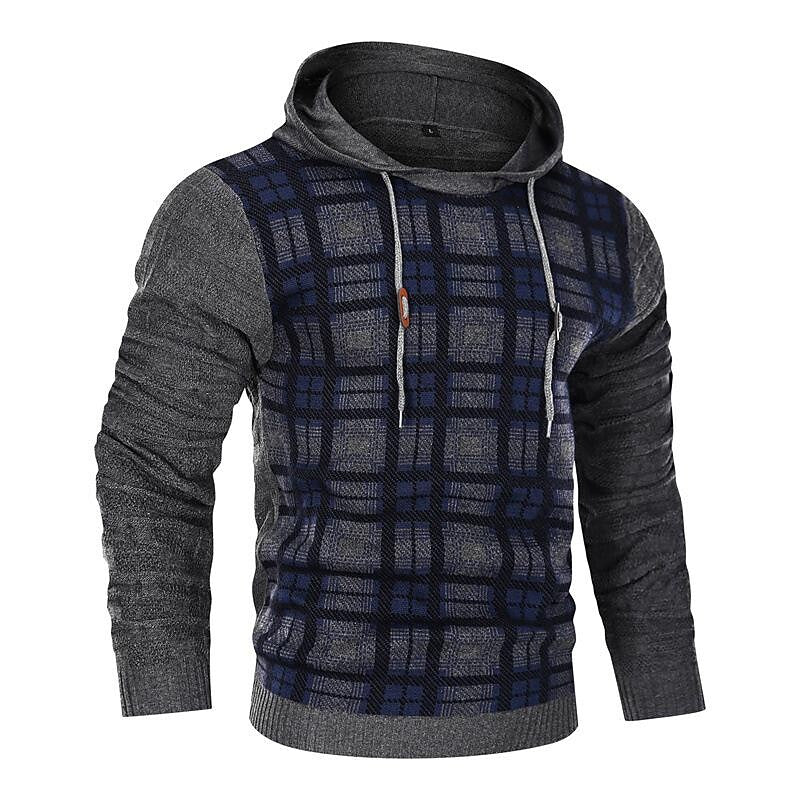 Men's Pullover Color Block Jacquard Check Pattern Hooded Sweater Basic Vintage Style Outdoor Sport