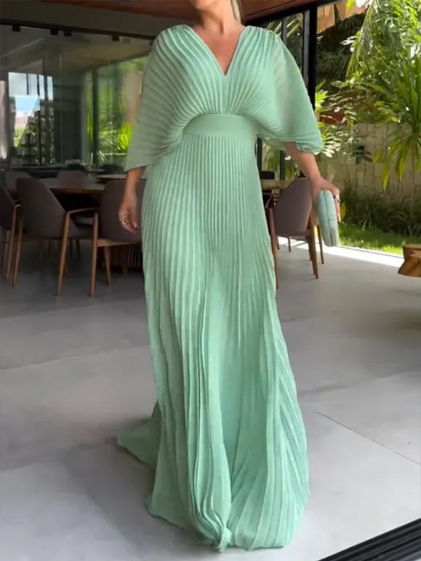 NEW🔥 V Neck Chiffon Back Tie Zipper Bat Sleeve Dress- Tax Free