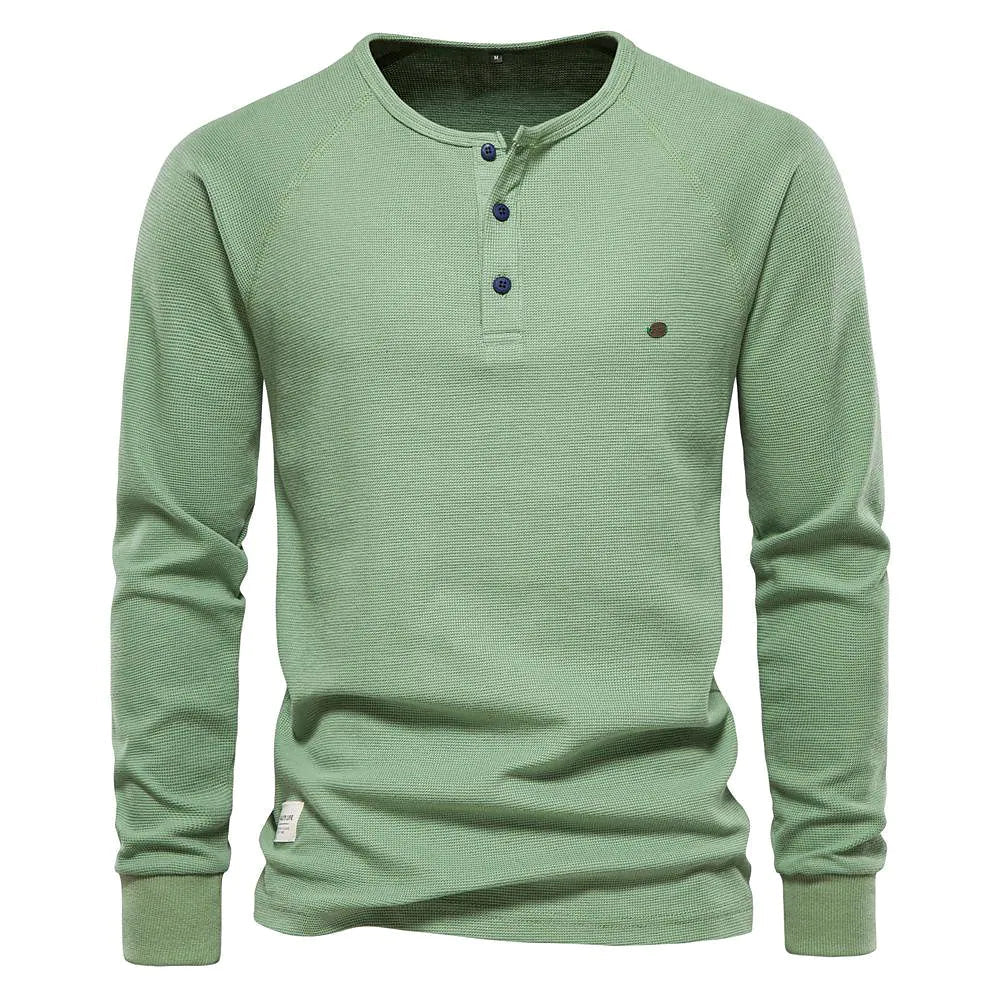 Men's Solid Waffle Raglan Sleeve Henley Collar T-Shirt