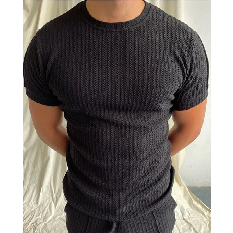 Men's Crew Neck Jacquard Cable Stripe Short Sleeve T-Shirt