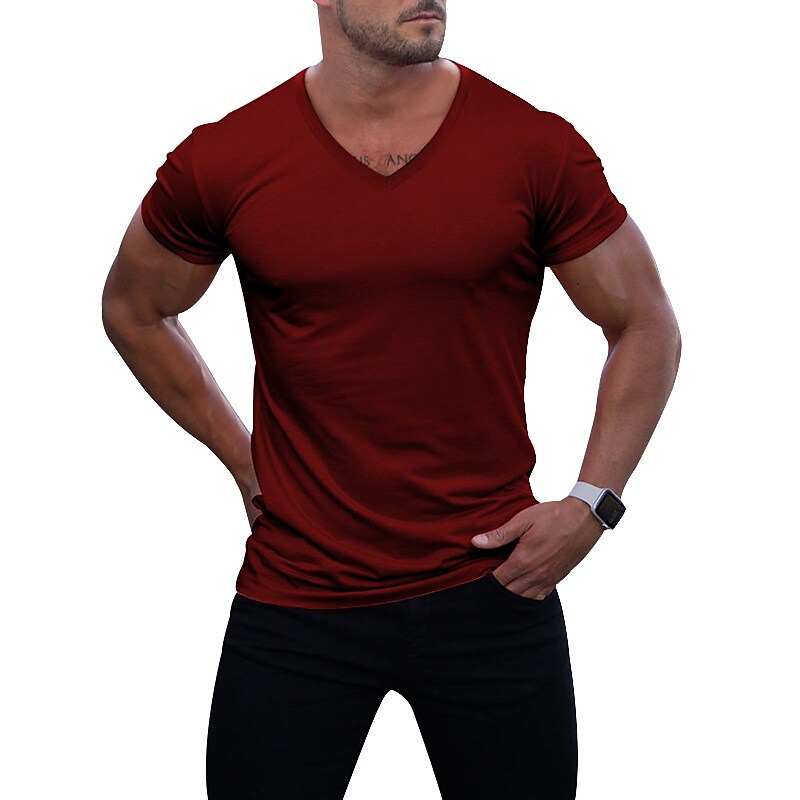 Men's  Solid Color V Neck Street Casual T-shirt