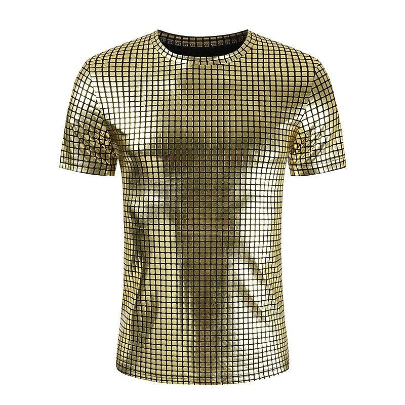 Men's Shiny Casual Plaid Short Sleeve Crew Neck T-Shirt
