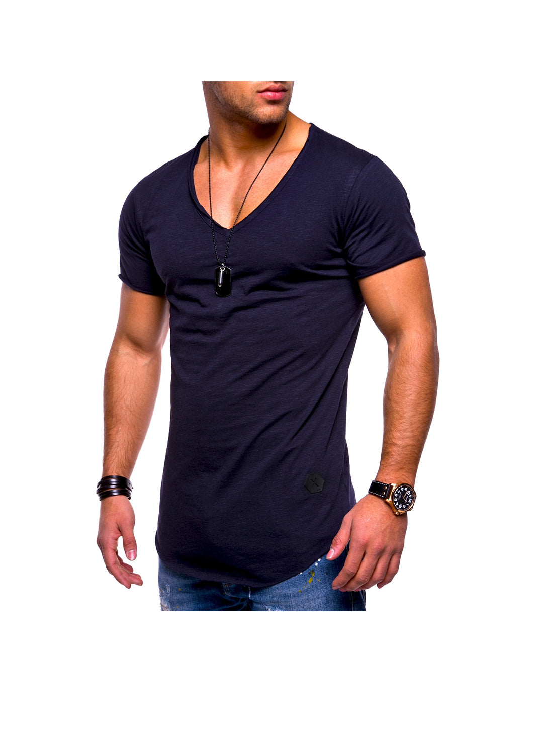 Men's Solid Color V-neck T-shirt With Natural Cut