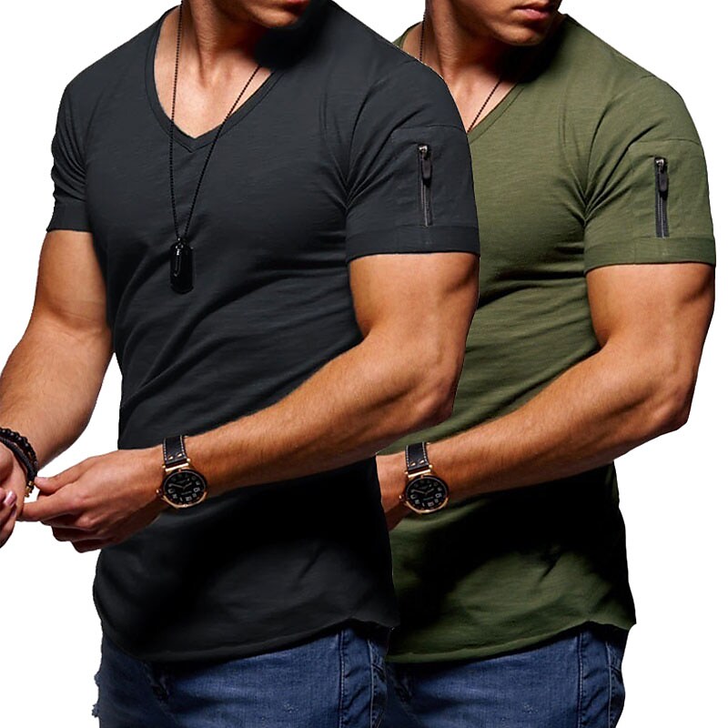 Men's 2 pcs  Solid Color Basic V Neck Short Sleeve T-shirt
