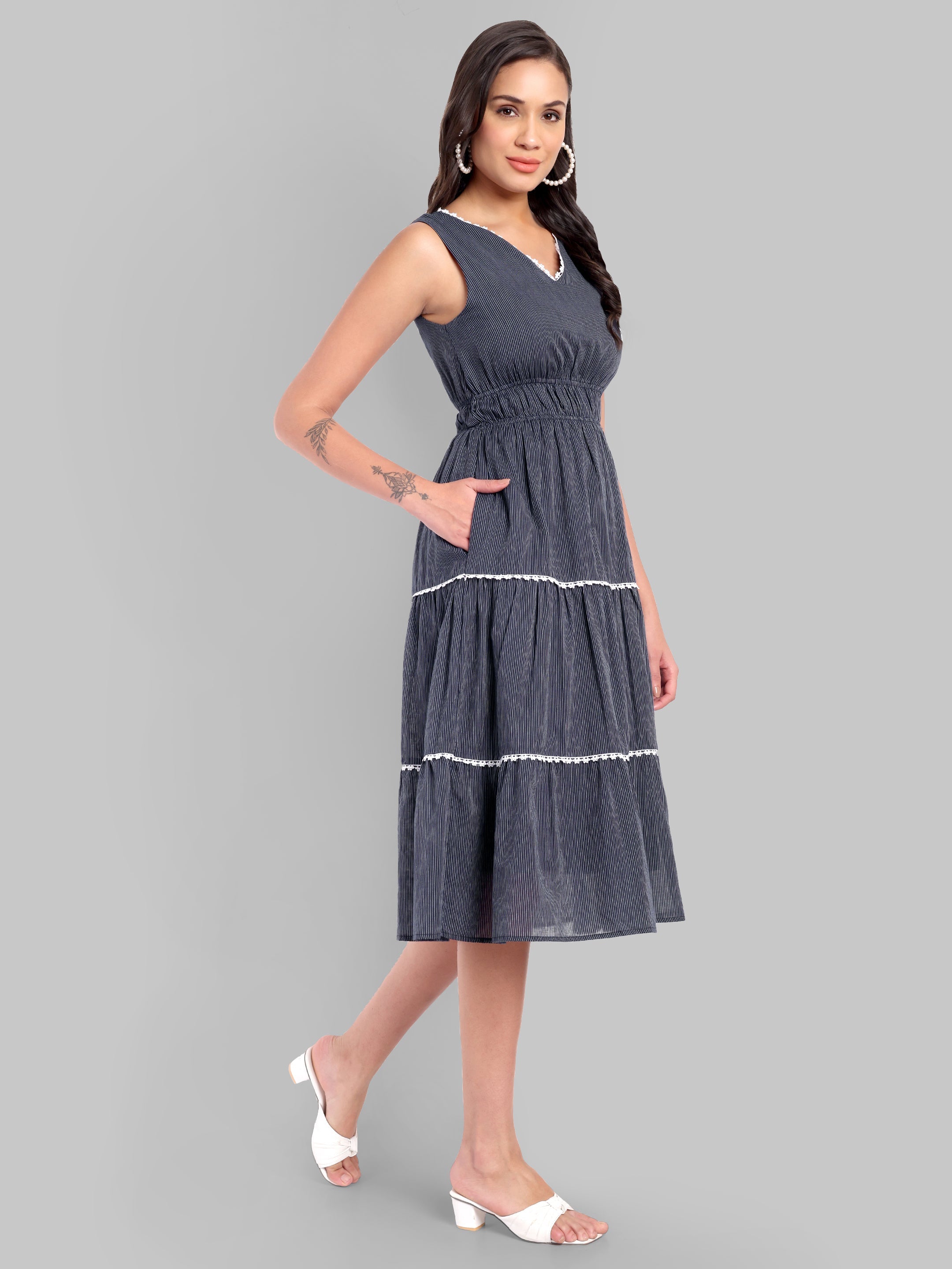 Navy Blue Striped Midi Dress