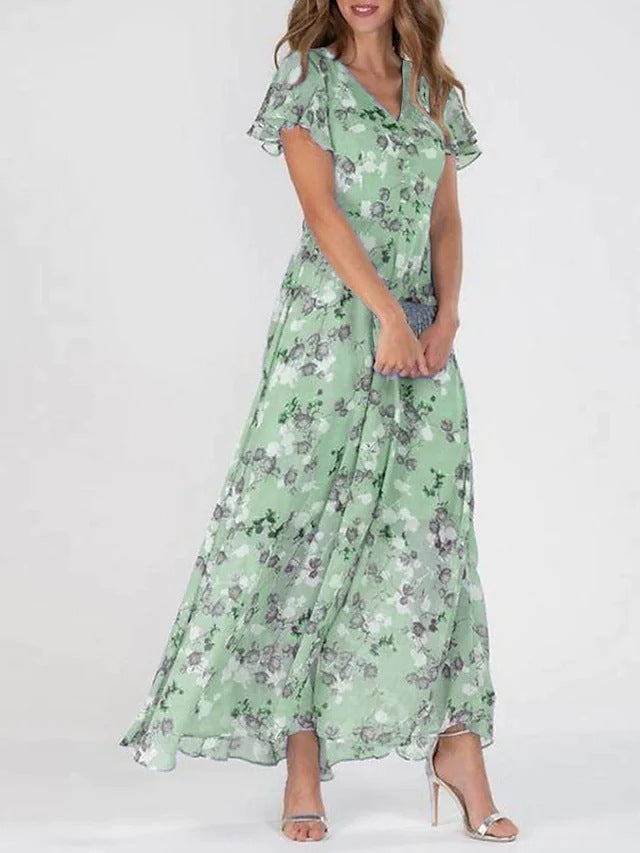 2026 European And American New Style Beach Long Skirt Chiffon Floral Short-Sleeved Ruffled V-Neck Fashionable Waist Dress