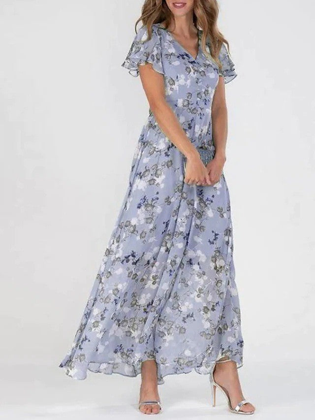 2026 European And American New Style Beach Long Skirt Chiffon Floral Short-Sleeved Ruffled V-Neck Fashionable Waist Dress