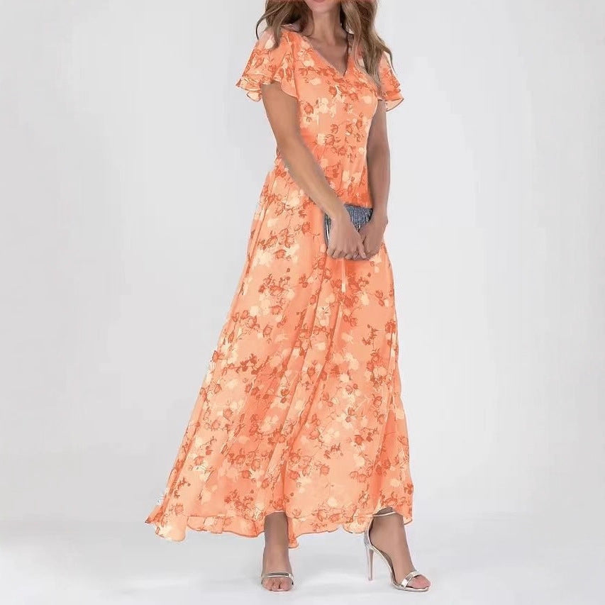2026 European And American New Style Beach Long Skirt Chiffon Floral Short-Sleeved Ruffled V-Neck Fashionable Waist Dress