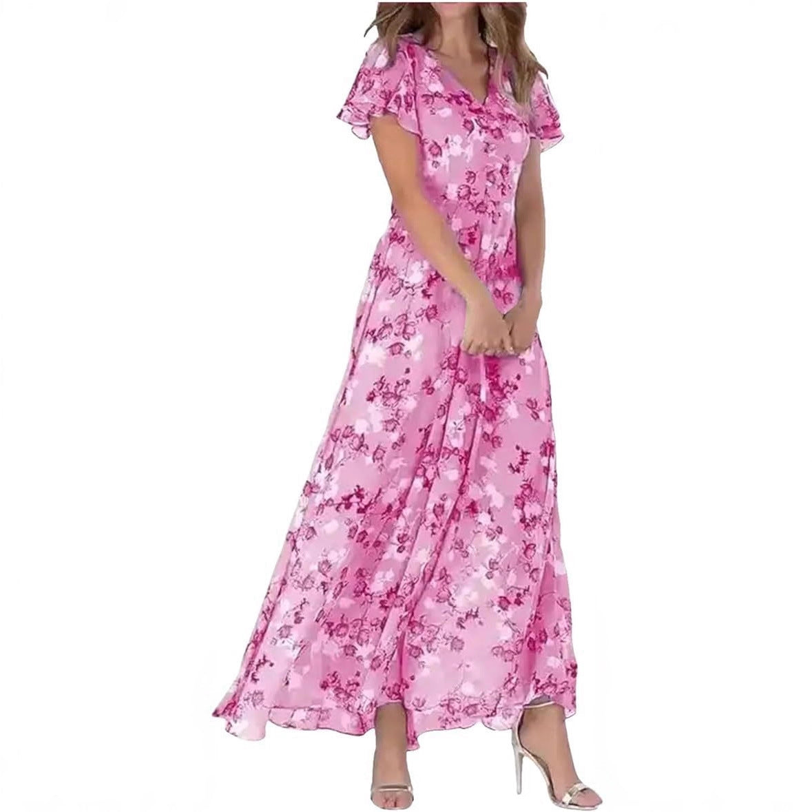 2026 European And American New Style Beach Long Skirt Chiffon Floral Short-Sleeved Ruffled V-Neck Fashionable Waist Dress