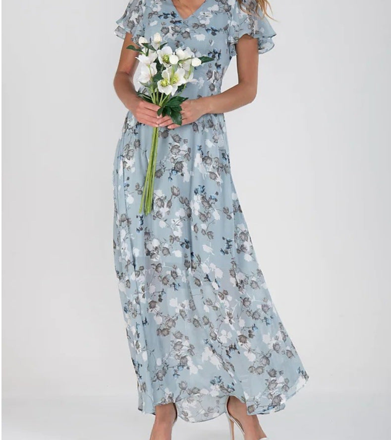 2026 European And American New Style Beach Long Skirt Chiffon Floral Short-Sleeved Ruffled V-Neck Fashionable Waist Dress