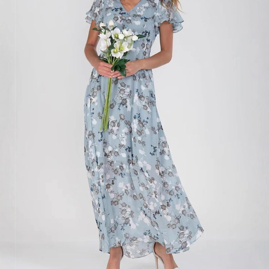 2026 European And American New Style Beach Long Skirt Chiffon Floral Short-Sleeved Ruffled V-Neck Fashionable Waist Dress