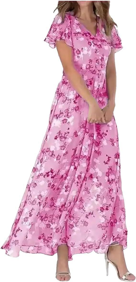 2026 European And American New Style Beach Long Skirt Chiffon Floral Short-Sleeved Ruffled V-Neck Fashionable Waist Dress
