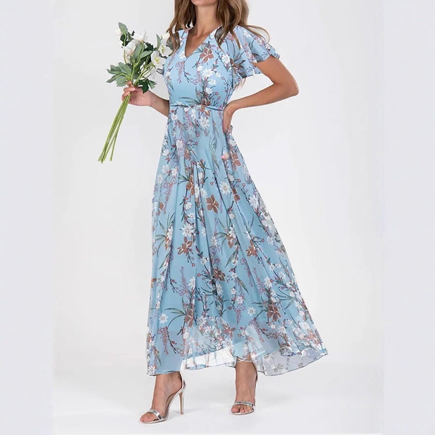2026 European And American New Style Beach Long Skirt Chiffon Floral Short-Sleeved Ruffled V-Neck Fashionable Waist Dress
