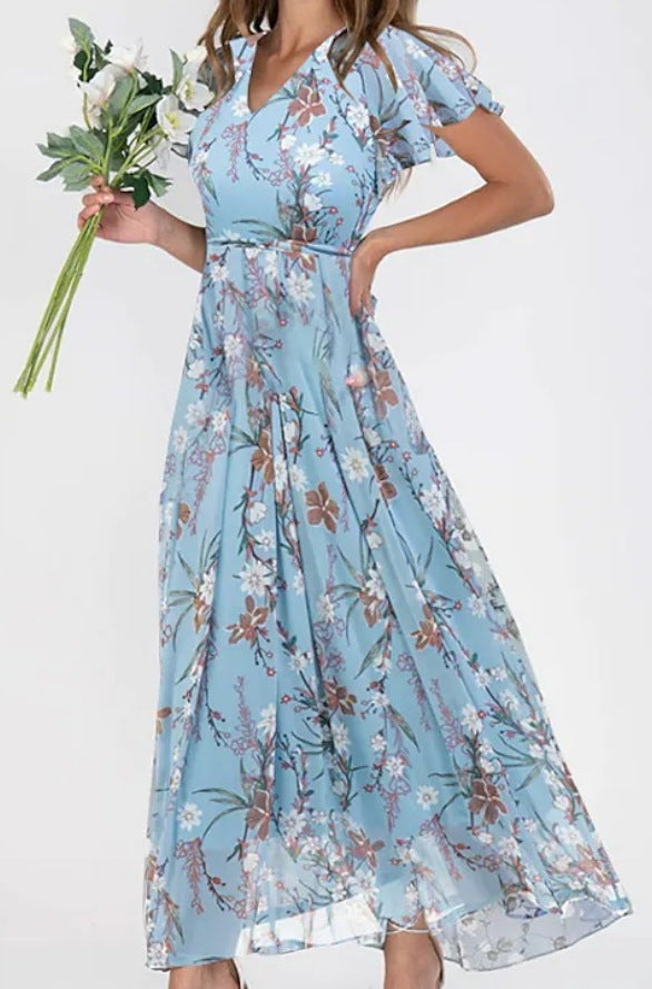 2026 European And American New Style Beach Long Skirt Chiffon Floral Short-Sleeved Ruffled V-Neck Fashionable Waist Dress