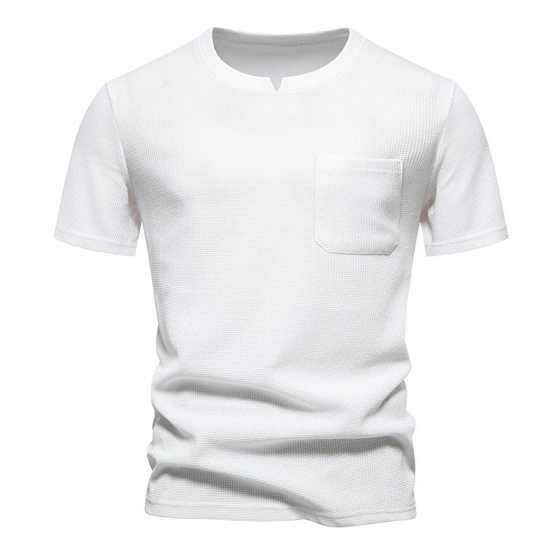 Men's Solid Color V-Neck Short Sleeve T-Shirt with Pocket