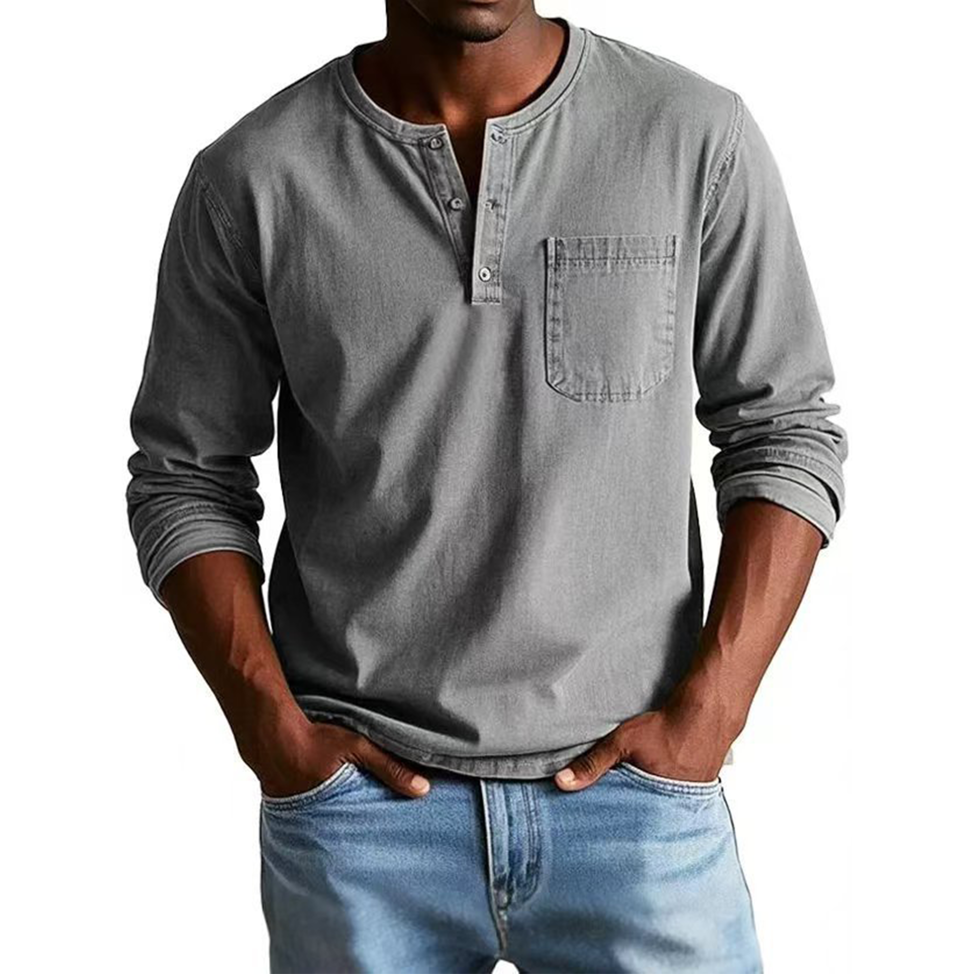 Men's Vintage Distressed Pocket Long Sleeve Henley Shirt