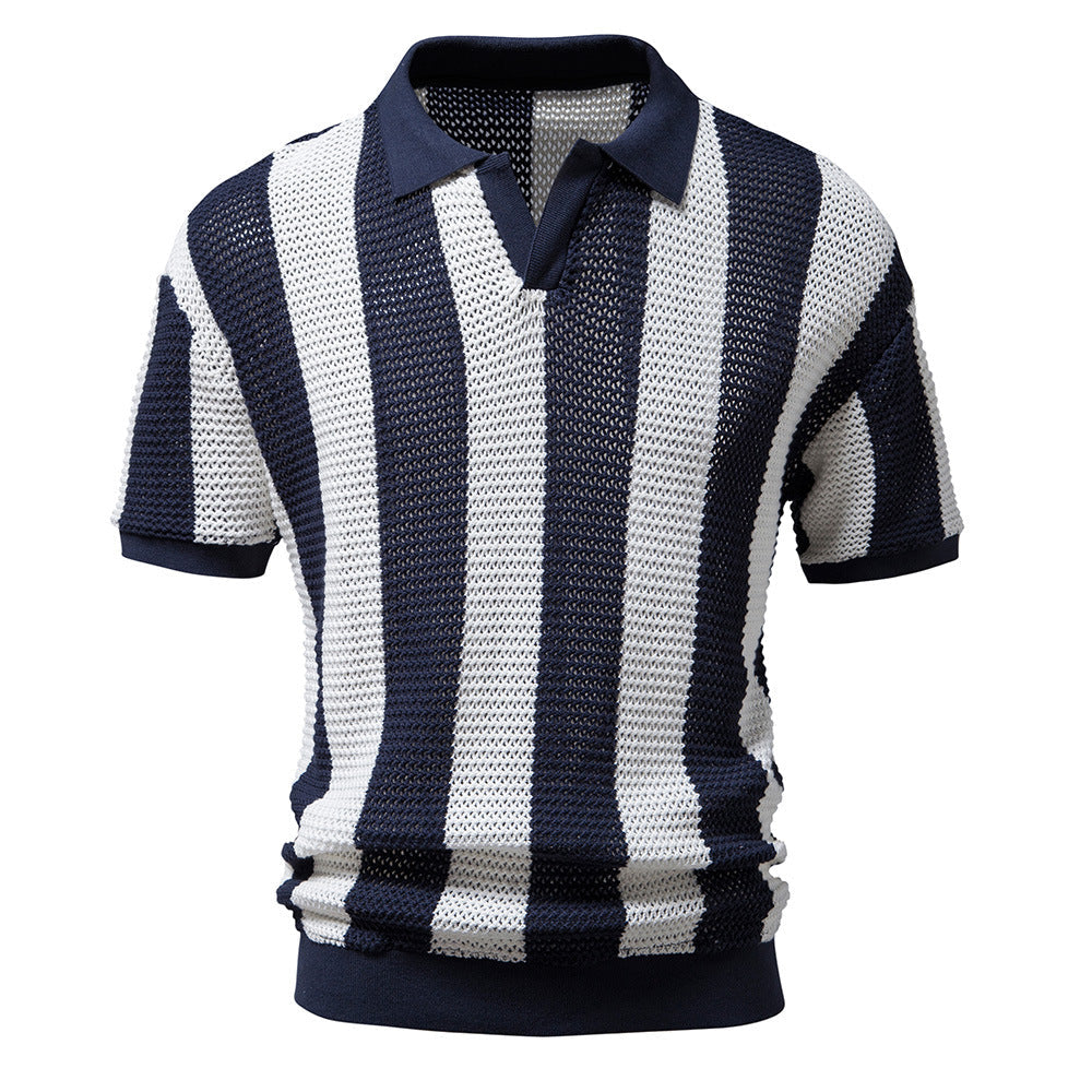Men's Vintage Striped Hollow Out Polo Shirt