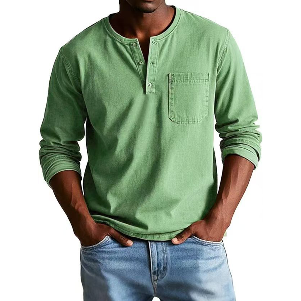 Men's Vintage Distressed Pocket Long Sleeve Henley Shirt