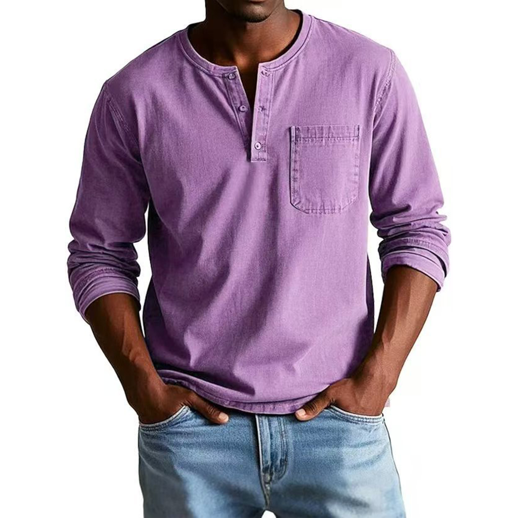 Men's Vintage Distressed Pocket Long Sleeve Henley Shirt