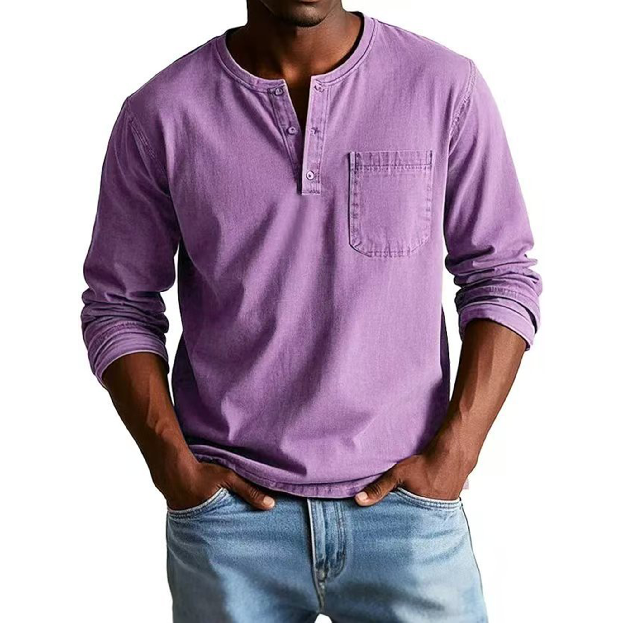 Men's Vintage Distressed Pocket Long Sleeve Henley Shirt