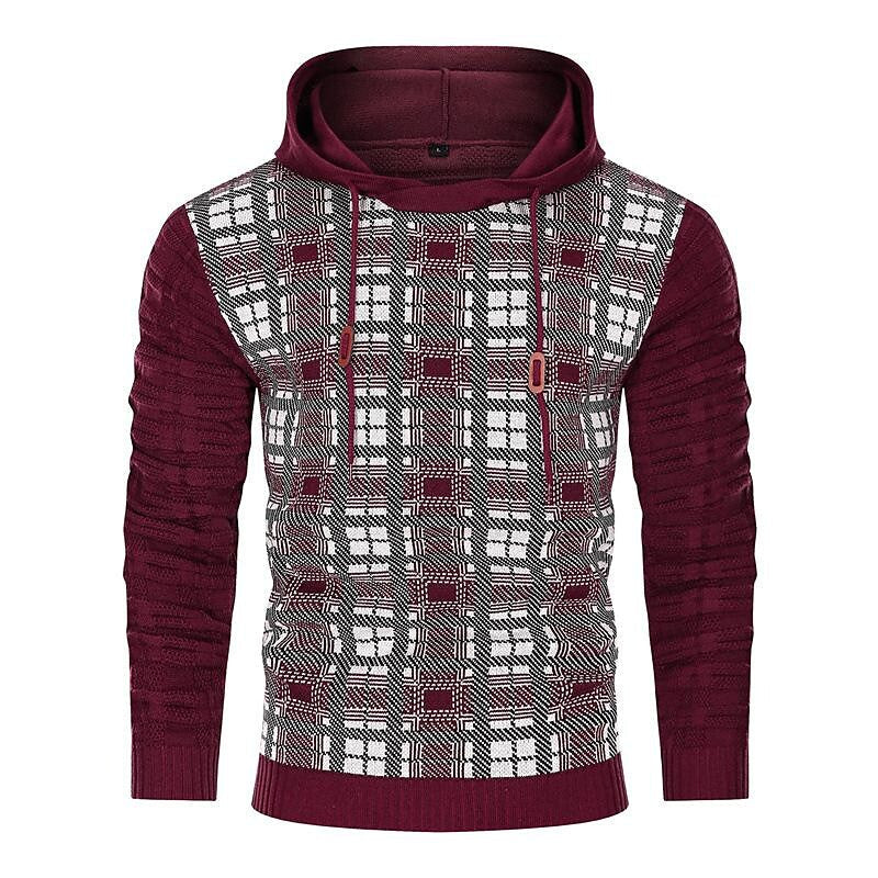Men's Pullover Color Block Jacquard Check Pattern Hooded Sweater Basic Vintage Style Outdoor Sport