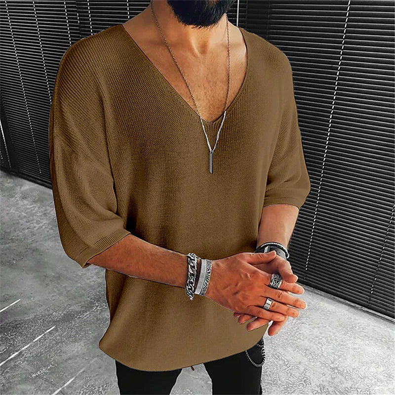 Men's Solid Color V Neck Casual Half Sleeve T-shirt