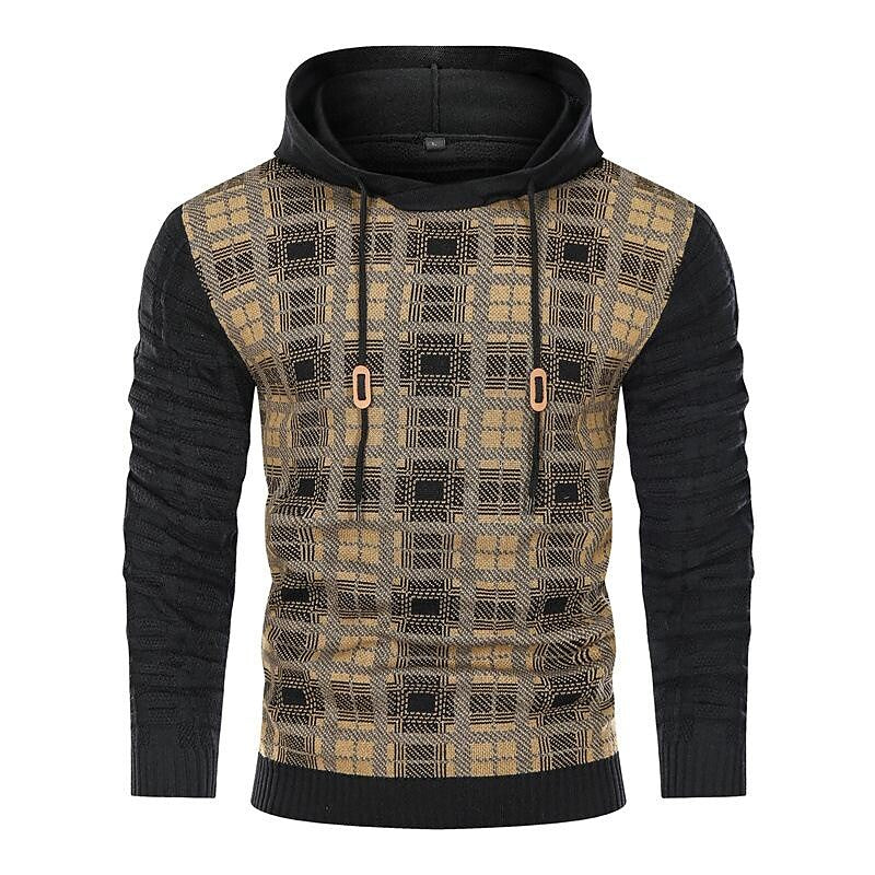 Men's Pullover Color Block Jacquard Check Pattern Hooded Sweater Basic Vintage Style Outdoor Sport