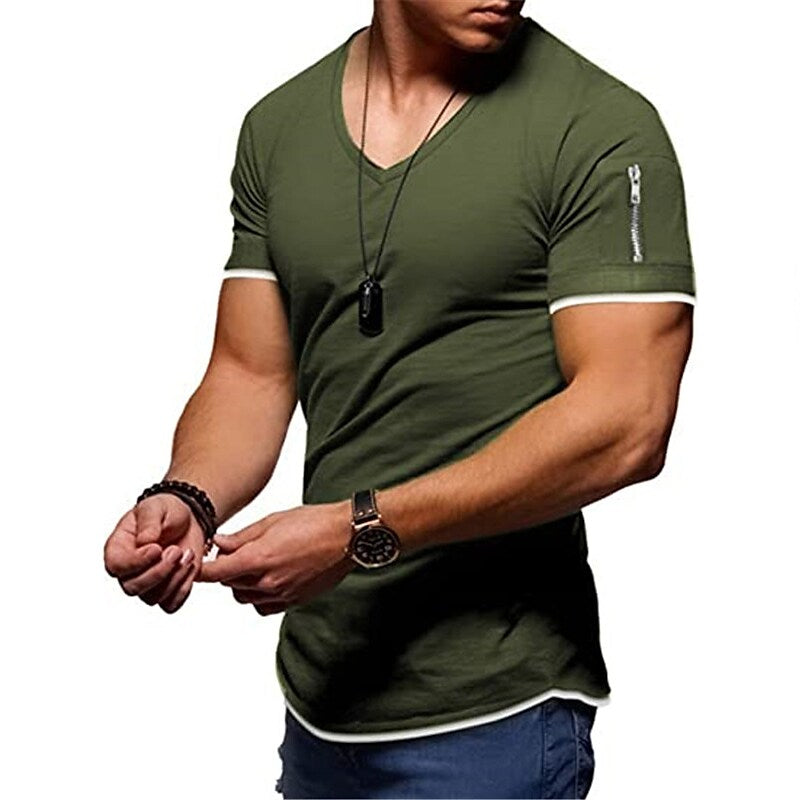 Men's Solid Color V Neck Street Casual T-shirt