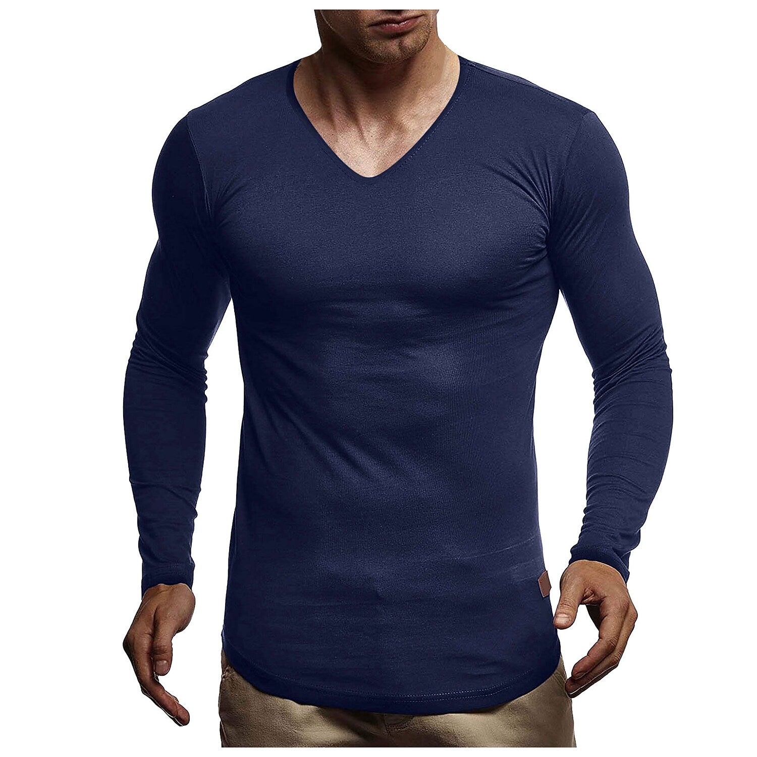 Men's Solid Color Round Neck And V-neck Long-sleeved T-shirt