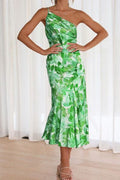 Ruched Printed Single Shoulder Midi Dress