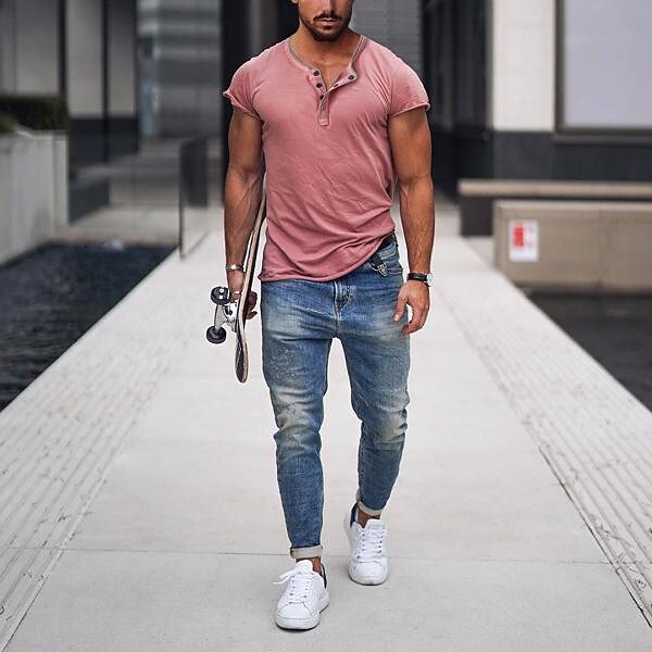 Men's Henry-neck Solid Color Breathable T-Shirt
