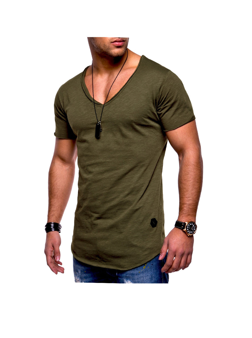 Men's Solid Color V-neck T-shirt With Natural Cut