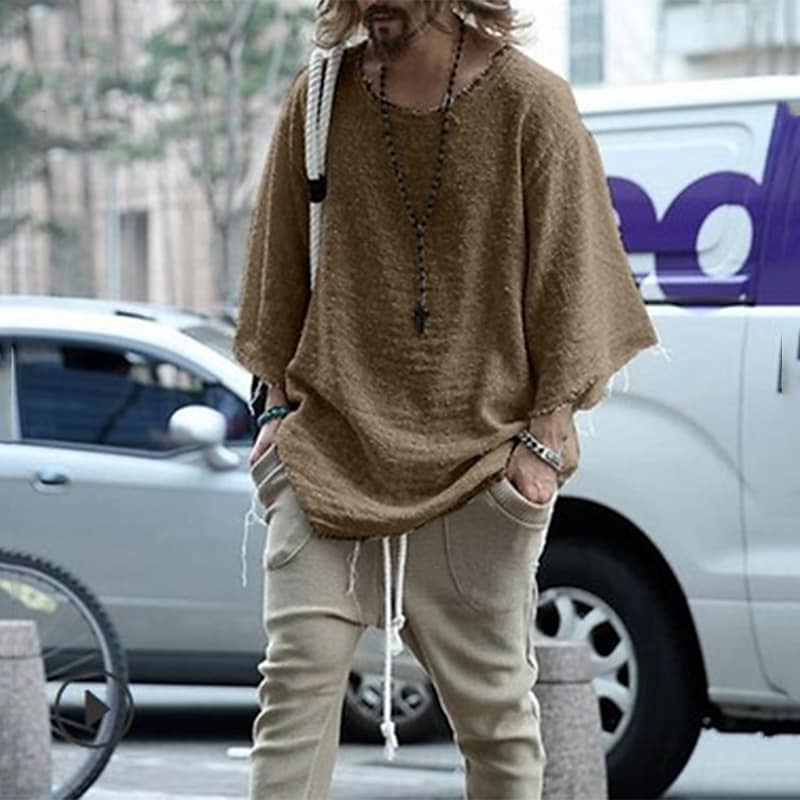 Men's Solid Color Towel Fabric Round Neck Casual Long Sleeve T-shirt