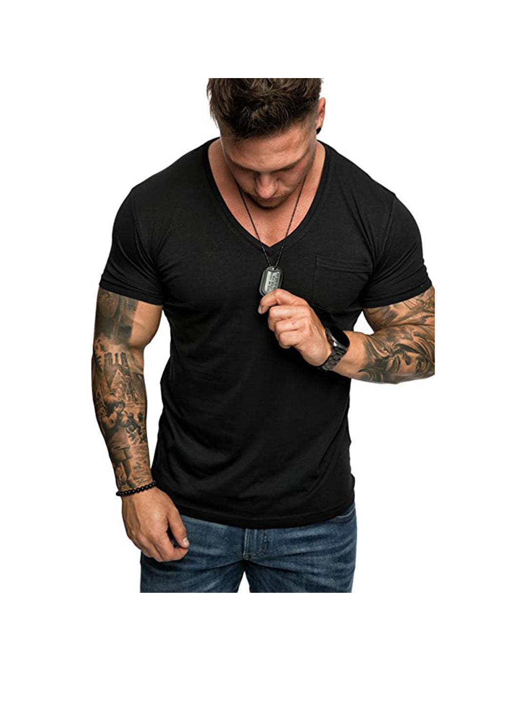 Dennis Solid Color Patch Pocket V-neck T-shirt