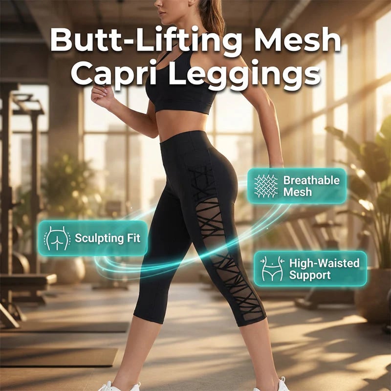 🧘‍♀️ Women's Butt-Lifting Mesh Splicing Yoga Leggings – High Waist Tummy Control | 4-Way Stretch | Side Pockets | Squat-Proof Capri Workout Pants 💨