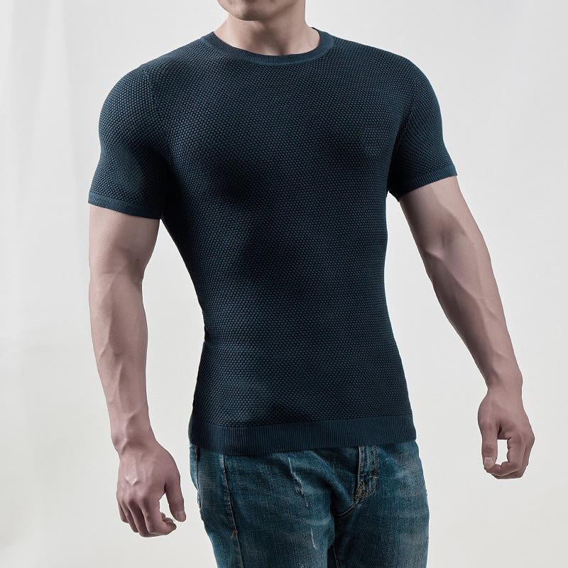 Men's Two-tone Textured Crew Neck Rib Knit Short Sleeve T-Shirt