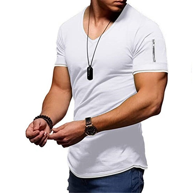Men's Solid Color V Neck Street Casual T-shirt
