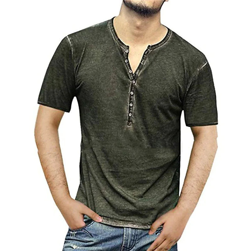 Men's Solid Color Henley Casual Short Sleeve T-shirt
