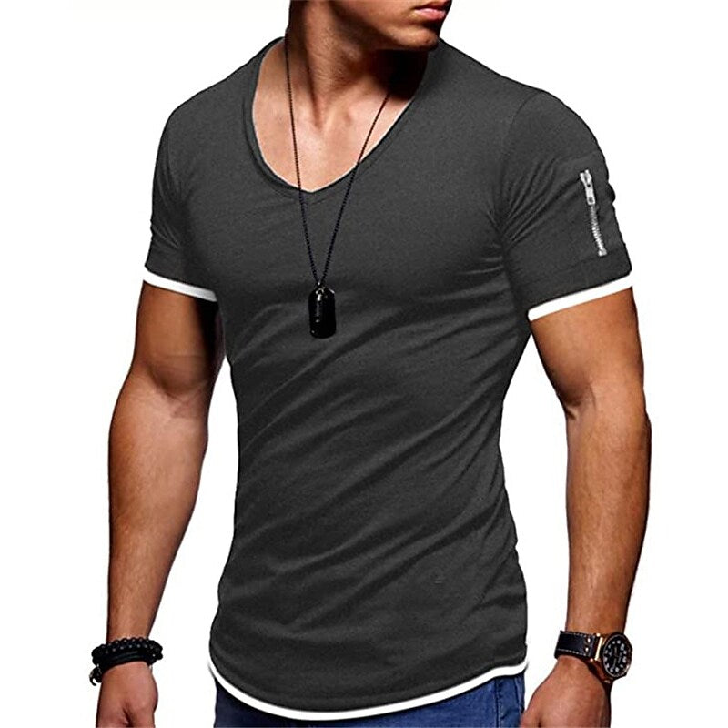 Men's Solid Color V Neck Street Casual T-shirt