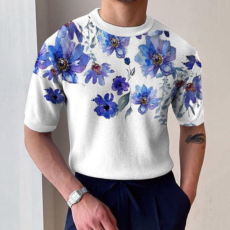 Men's Faux Cotton Knit Crew Neck Fixed Printing Short Sleeve T-Shirt