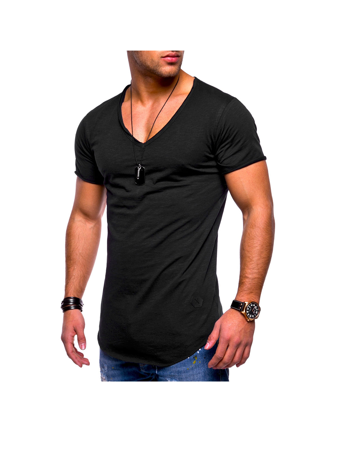 Men's Solid Color V-neck T-shirt With Natural Cut