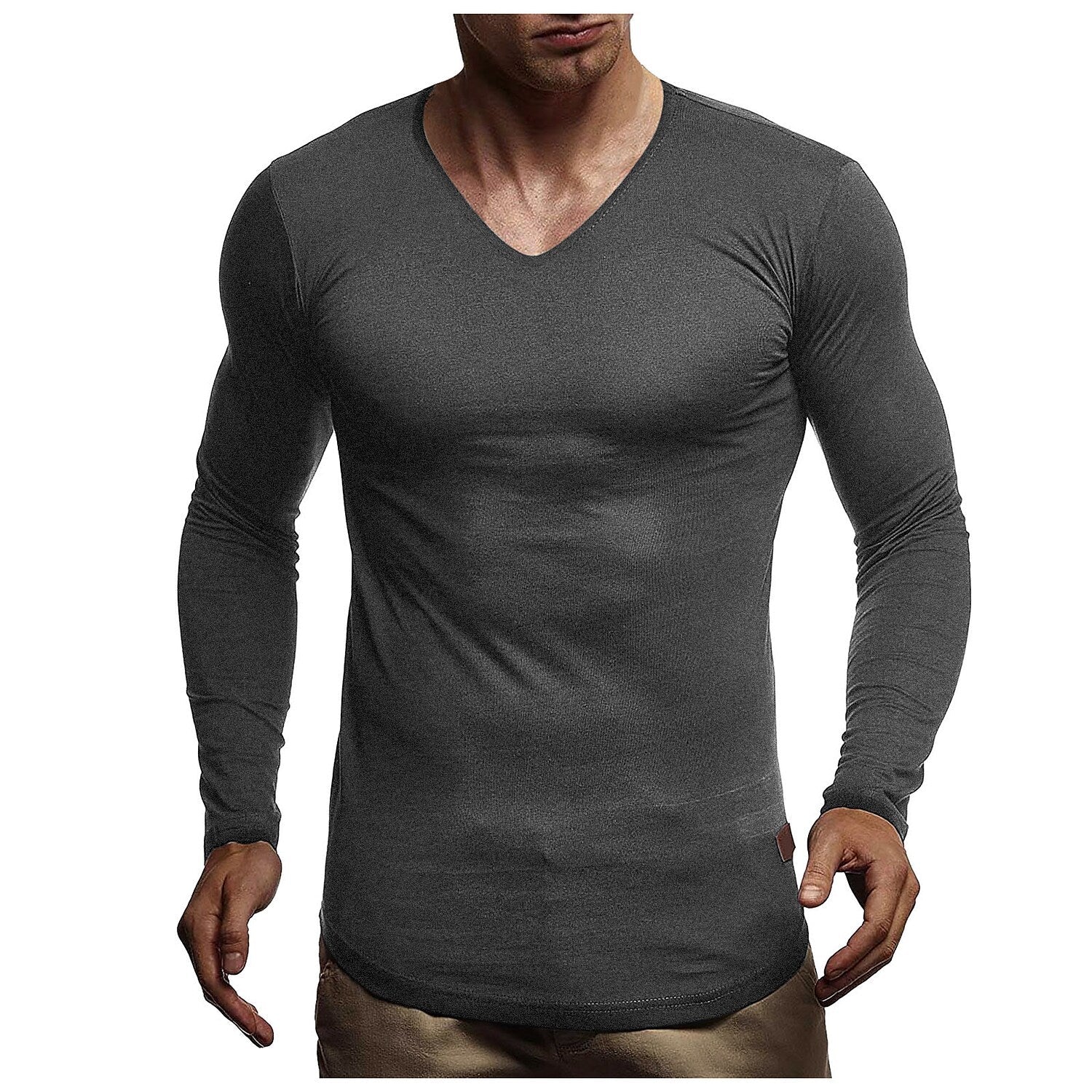 Men's Solid Color Round Neck And V-neck Long-sleeved T-shirt