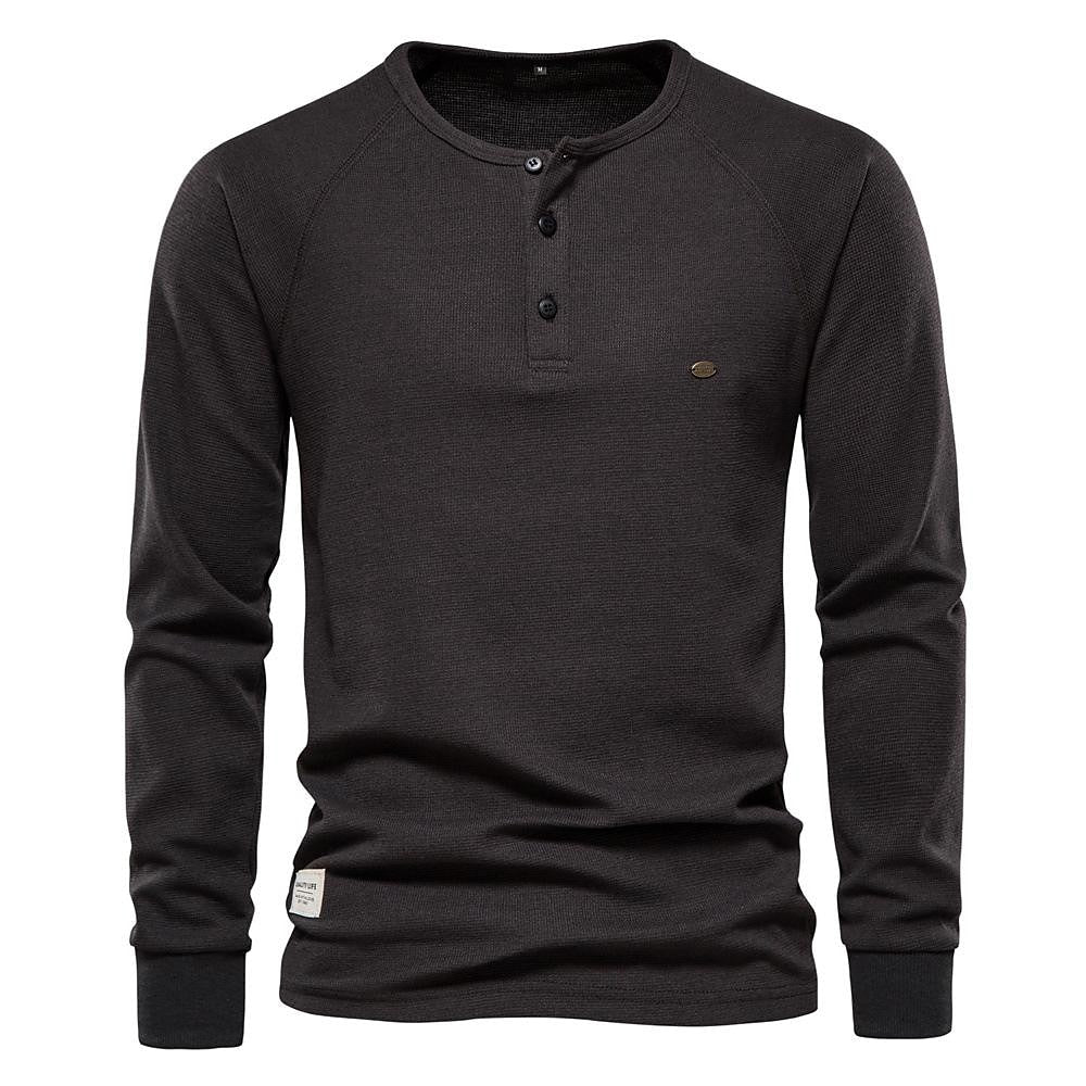 Men's Solid Waffle Raglan Sleeve Henley Collar T-Shirt