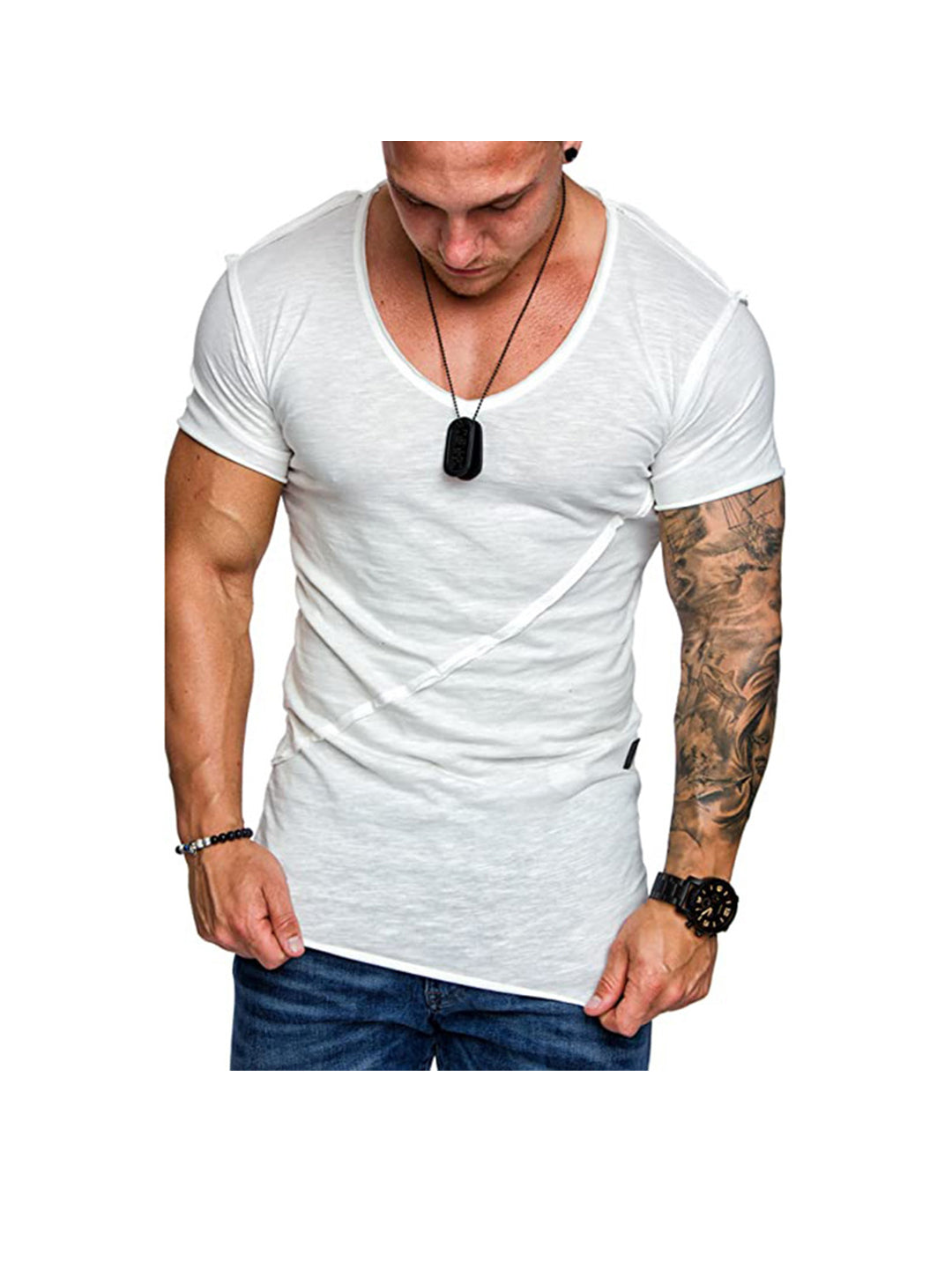 Dennis Diagonal Patchwork Solid Color V-neck T-shirt