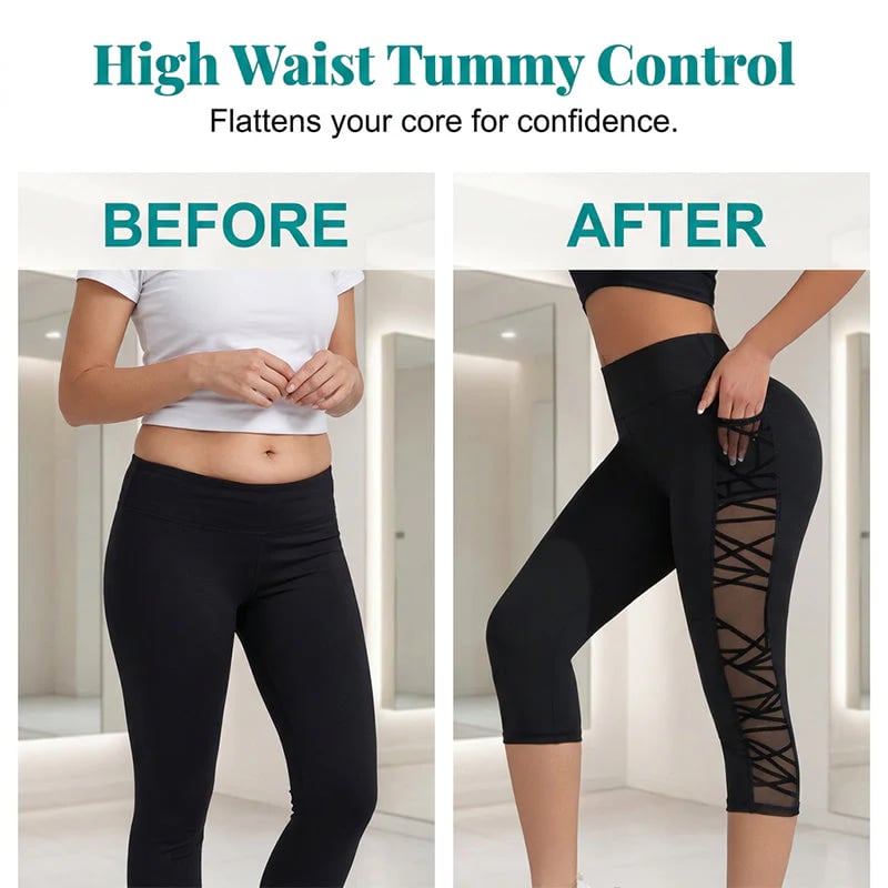 🧘‍♀️ Women's Butt-Lifting Mesh Splicing Yoga Leggings – High Waist Tummy Control | 4-Way Stretch | Side Pockets | Squat-Proof Capri Workout Pants 💨