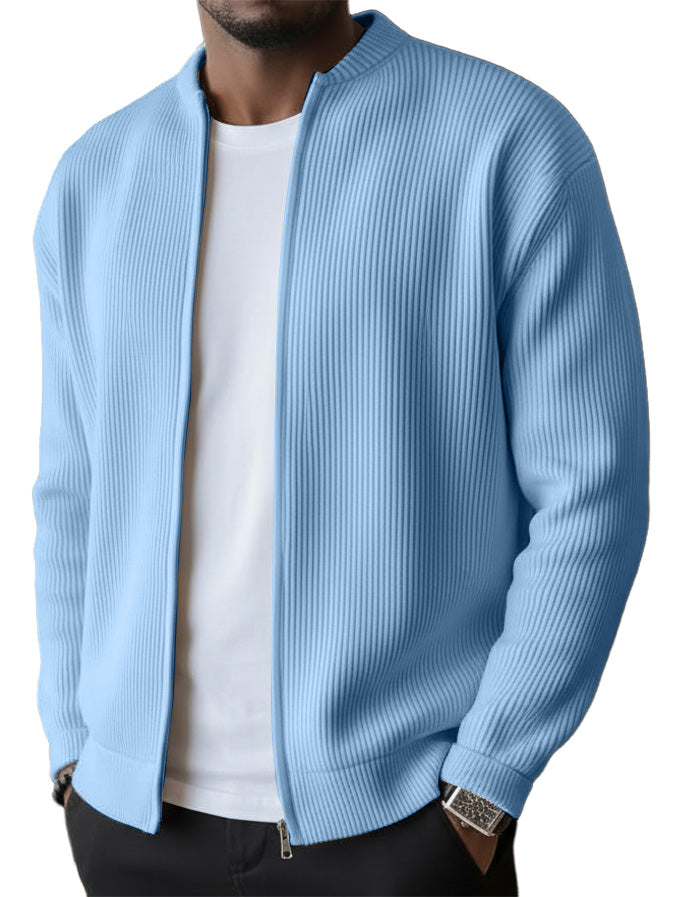 Men's Simple Casual Ribbed Stand Collar Zipper  Long Sleeved Jacket