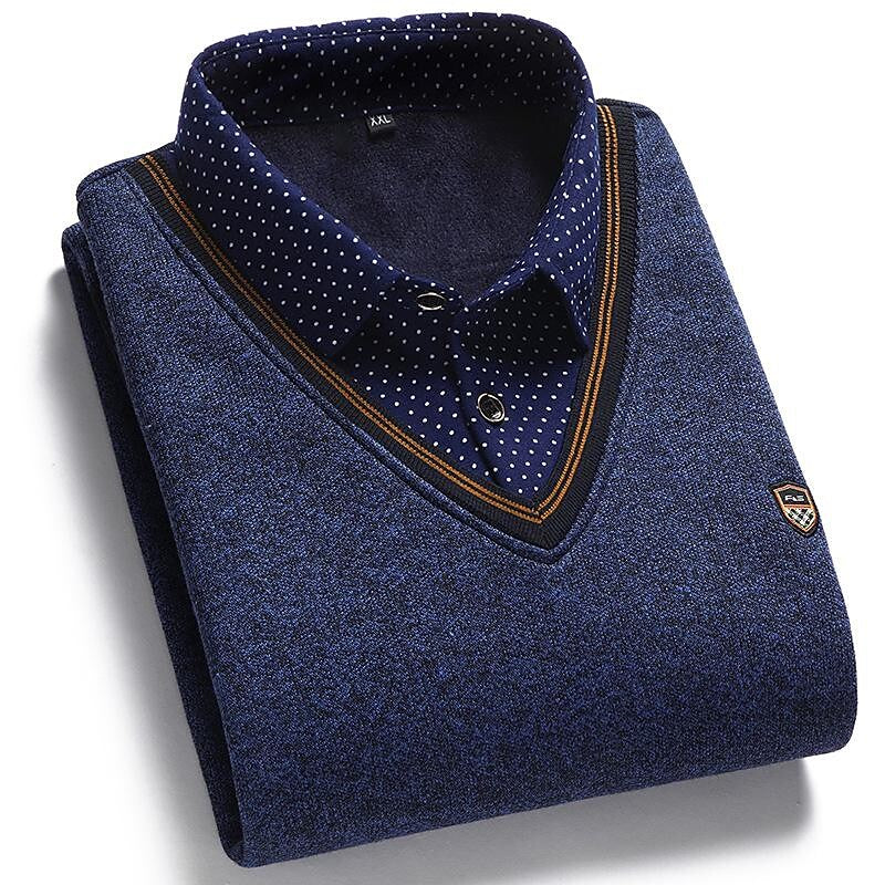 Men's Fleece Patchwork Fake Two Piece Knit Sweater